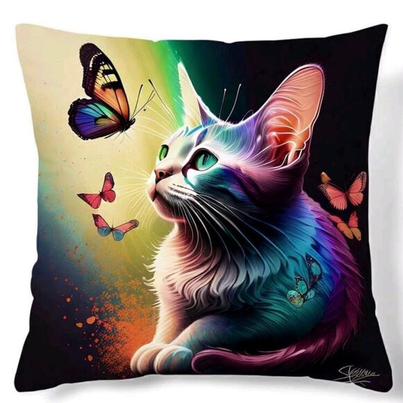 Colorful Kitty Cat Butterfly Art Design Zippered Pillowcase for Accent Pillow - Picture 4 of 4
